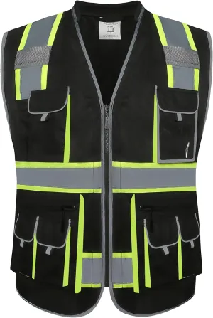 JKSafety 10 Pockets Hi-Vis Zipper Front Black Safety Vest | Cushioned Collar | High Reflective Tapes with Extended Neon Yellow Strips | Meets ANSI/ISEA Standards (3X-Large, 89-Black)