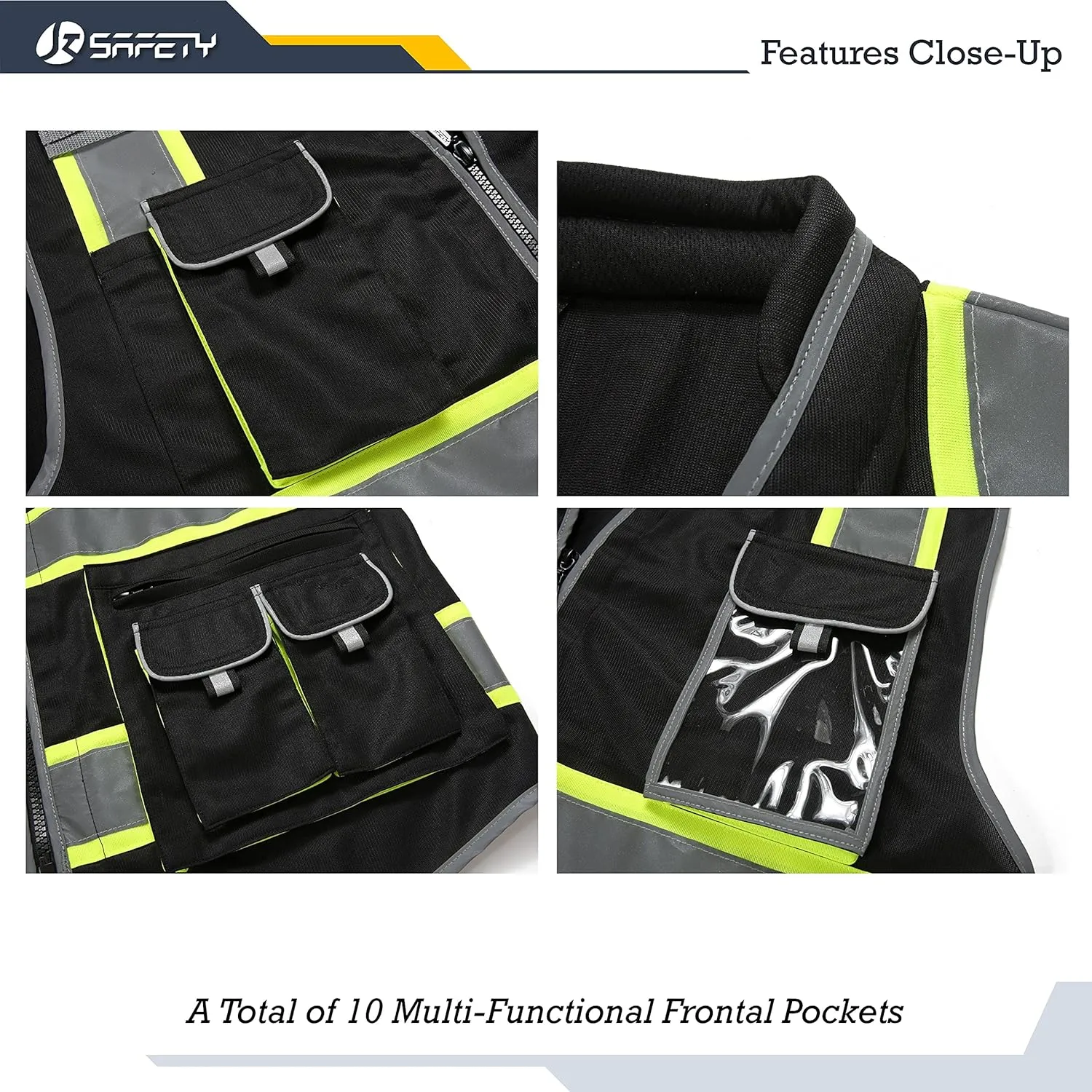 JKSafety 10 Pockets Hi-Vis Zipper Front Black Safety Vest | Cushioned Collar | High Reflective Tapes with Extended Neon Yellow Strips | Meets ANSI/ISEA Standards (3X-Large, 89-Black)