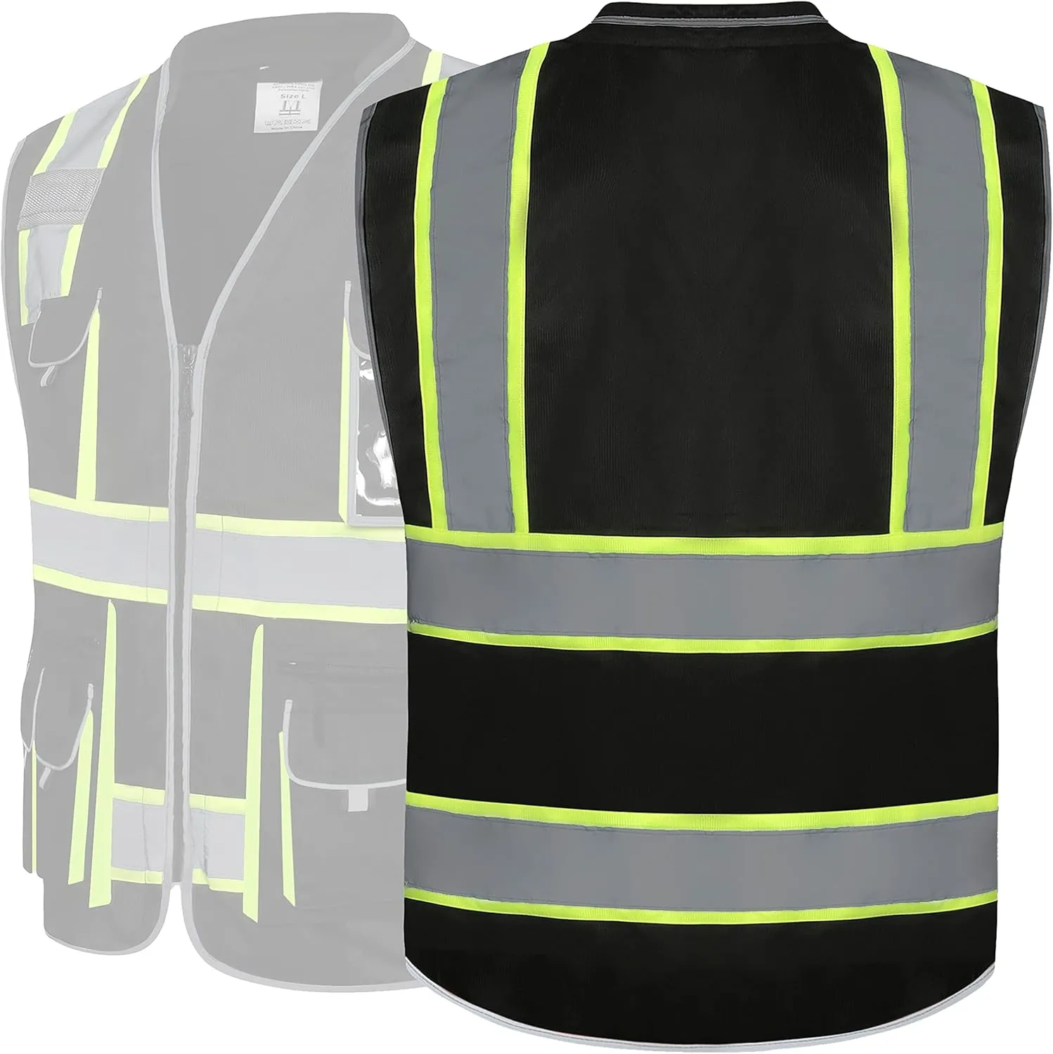 JKSafety 10 Pockets Hi-Vis Zipper Front Black Safety Vest | Cushioned Collar | High Reflective Tapes with Extended Neon Yellow Strips | Meets ANSI/ISEA Standards (3X-Large, 89-Black)