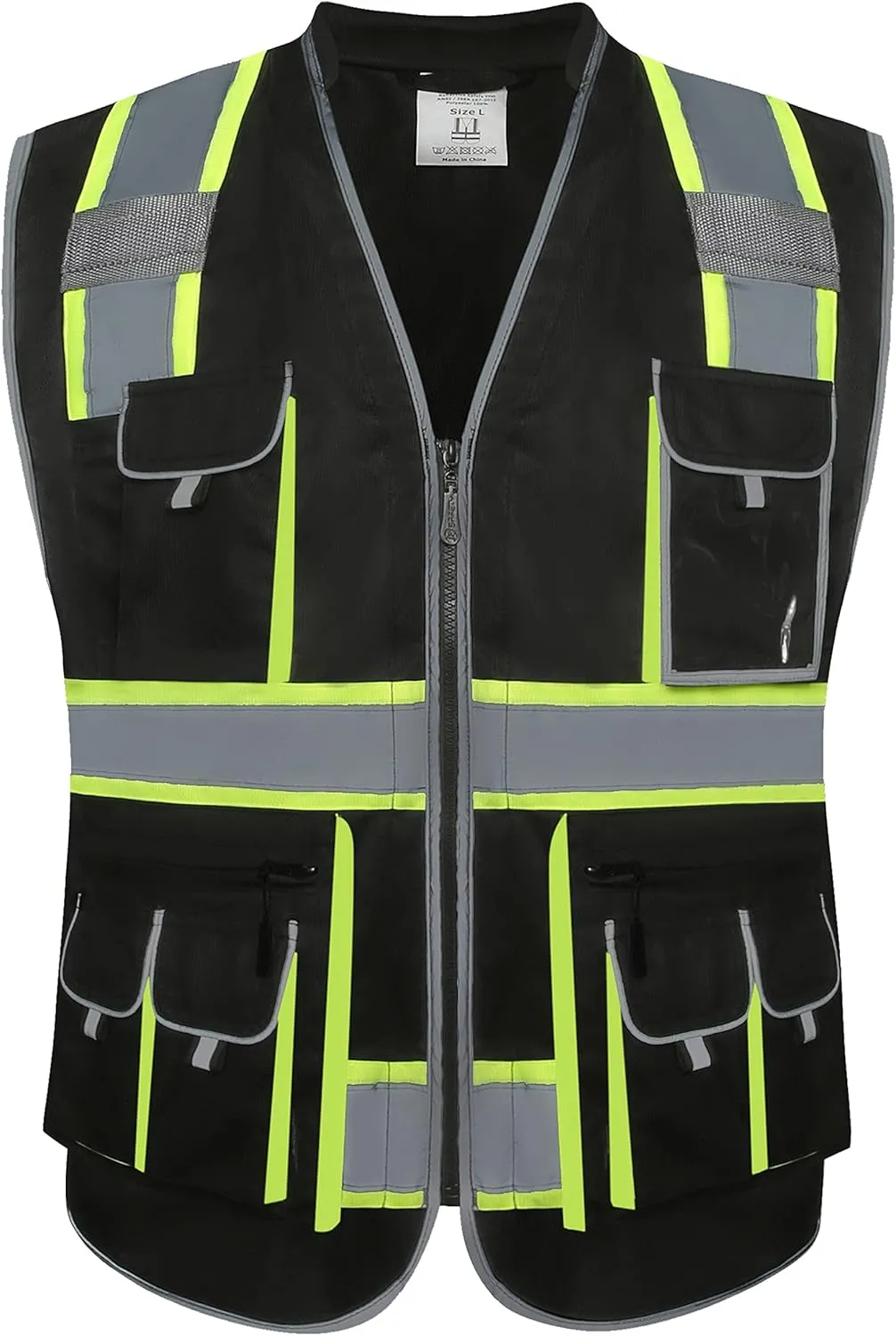 JKSafety 10 Pockets Hi-Vis Zipper Front Black Safety Vest | Cushioned Collar | High Reflective Tapes with Extended Neon Yellow Strips | Meets ANSI/ISEA Standards (3X-Large, 89-Black)