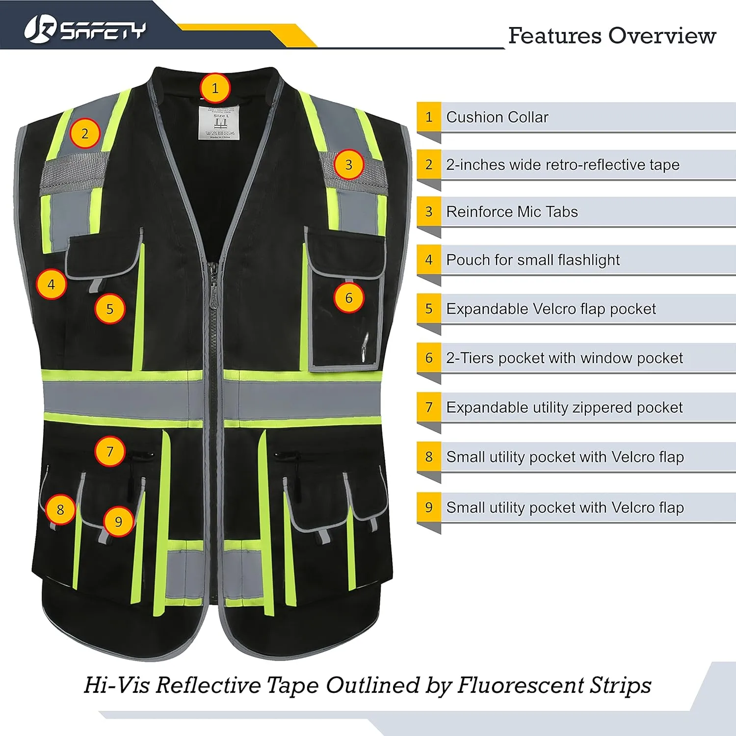 JKSafety 10 Pockets Hi-Vis Zipper Front Black Safety Vest | Cushioned Collar | High Reflective Tapes with Extended Neon Yellow Strips | Meets ANSI/ISEA Standards (3X-Large, 89-Black)