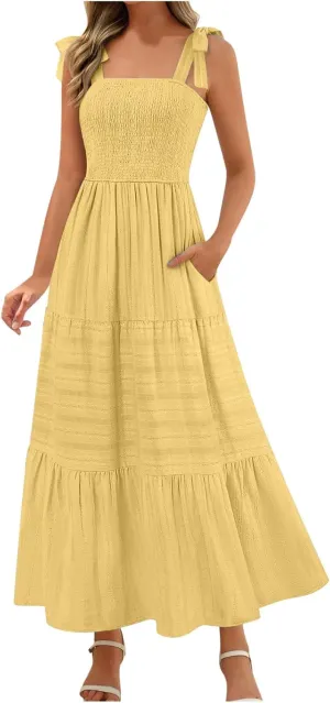 JOAU Women's Summer Boho Maxi Dress Beach Vacation Casual Tie Bow Straps Smocked A Line Tiered Ruffle Sundress with Pockets