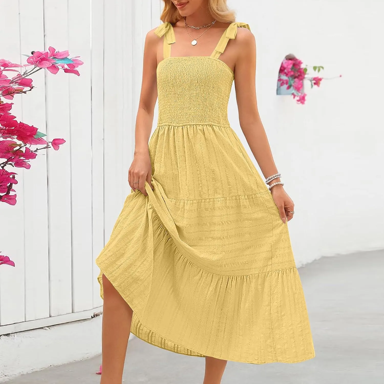 JOAU Women's Summer Boho Maxi Dress Beach Vacation Casual Tie Bow Straps Smocked A Line Tiered Ruffle Sundress with Pockets