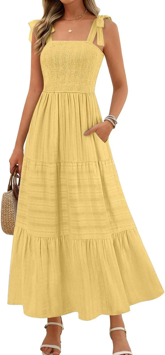 JOAU Women's Summer Boho Maxi Dress Beach Vacation Casual Tie Bow Straps Smocked A Line Tiered Ruffle Sundress with Pockets