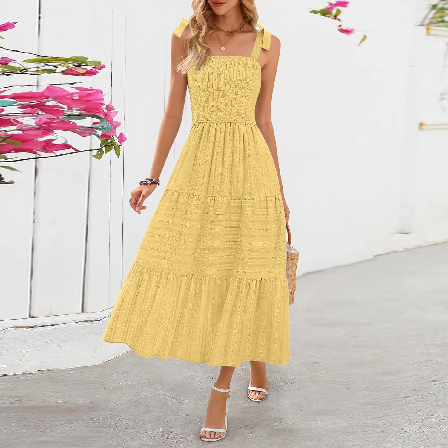 JOAU Women's Summer Boho Maxi Dress Beach Vacation Casual Tie Bow Straps Smocked A Line Tiered Ruffle Sundress with Pockets