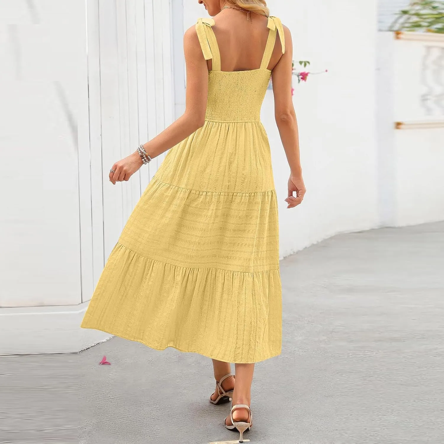 JOAU Women's Summer Boho Maxi Dress Beach Vacation Casual Tie Bow Straps Smocked A Line Tiered Ruffle Sundress with Pockets