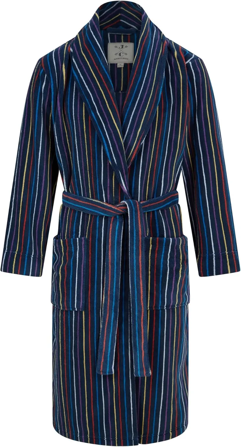 John Christian Men's Warm Fleece Robe, Navy with Multicolored Stripes