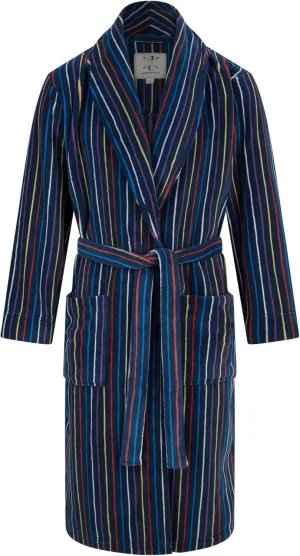 John Christian Men's Warm Fleece Robe, Navy with Multicolored Stripes