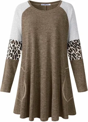 JollieLovin Plus Size Tunic Tops for Women Long Sleeve Crew Neck Swing Tunic Shirts with Pockets Loose Fit Color Block Blouse