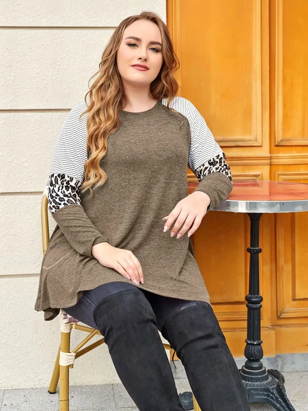 JollieLovin Plus Size Tunic Tops for Women Long Sleeve Crew Neck Swing Tunic Shirts with Pockets Loose Fit Color Block Blouse