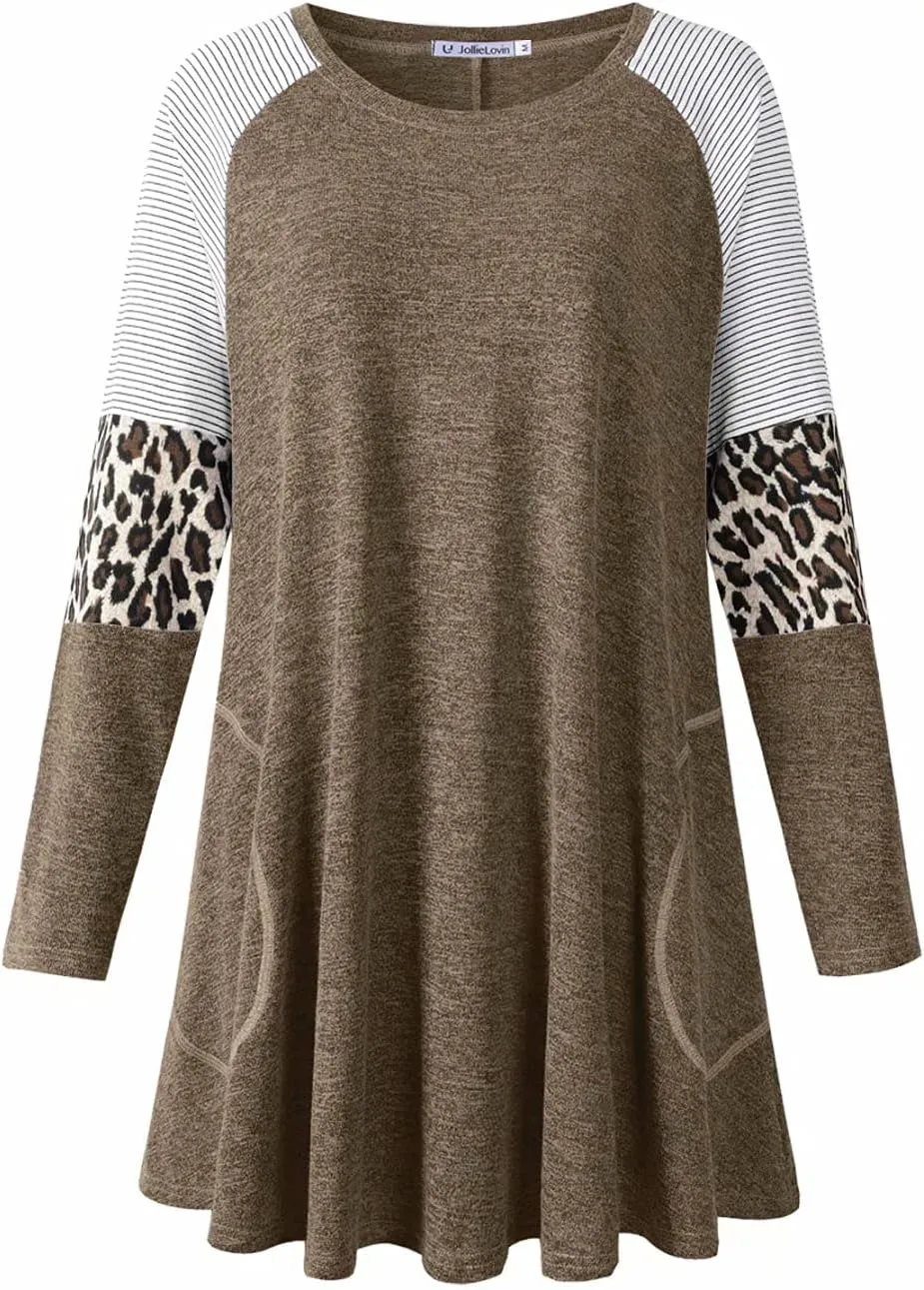 JollieLovin Plus Size Tunic Tops for Women Long Sleeve Crew Neck Swing Tunic Shirts with Pockets Loose Fit Color Block Blouse