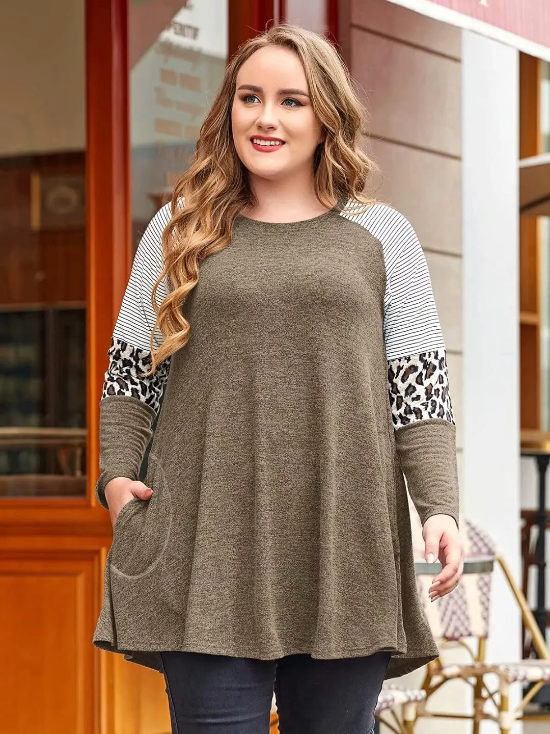 JollieLovin Plus Size Tunic Tops for Women Long Sleeve Crew Neck Swing Tunic Shirts with Pockets Loose Fit Color Block Blouse