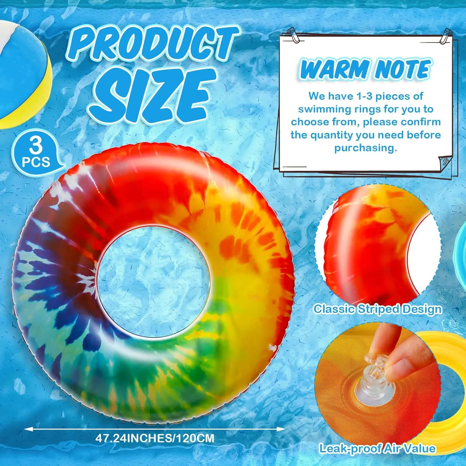 Jumbo Inflatable Pool Floats Rings, Tie Dye Tube Float 47.24 Inch Large Colorful Adult Floaties Rainbow Swimming Ring Water Floaty Toy for Adult Summer Pool Beach Party Supplies