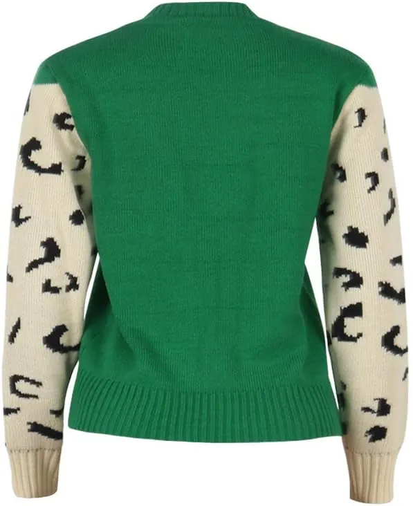 JUNBOON Women’s Casual Leopard Print Knitted Pullover Sweaters Long Sleeve Crew Neck Jumper Tops