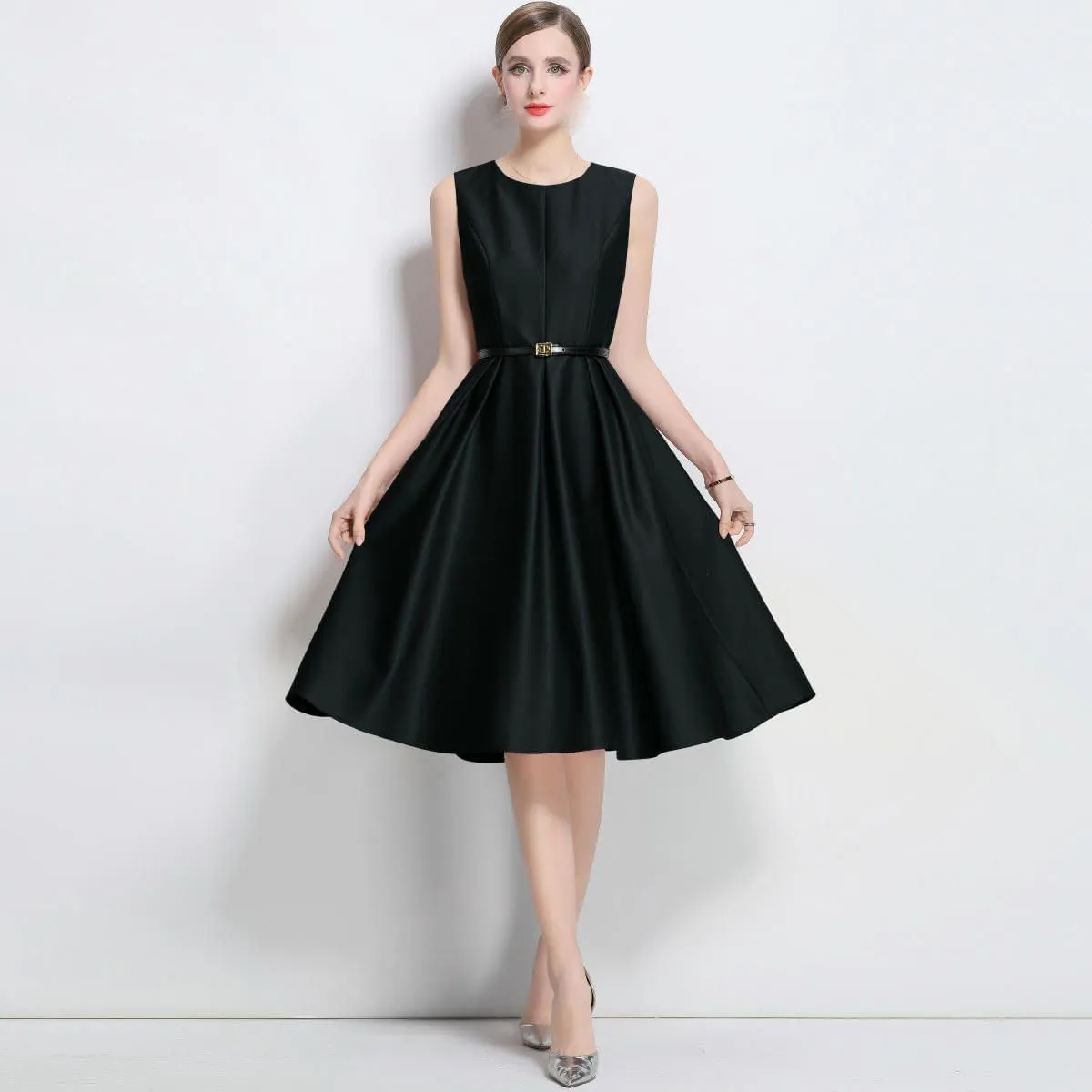 JYHBHMZG Women's Elegant French Round Neck Waist-Cinching Midi Dress