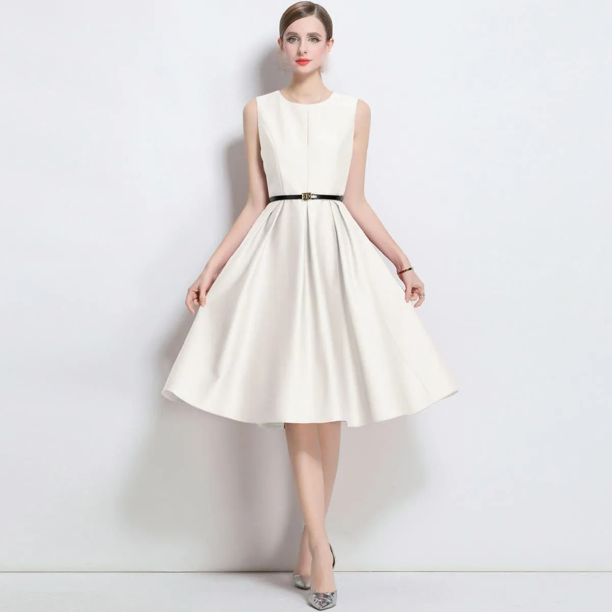 JYHBHMZG Women's Elegant French Round Neck Waist-Cinching Midi Dress