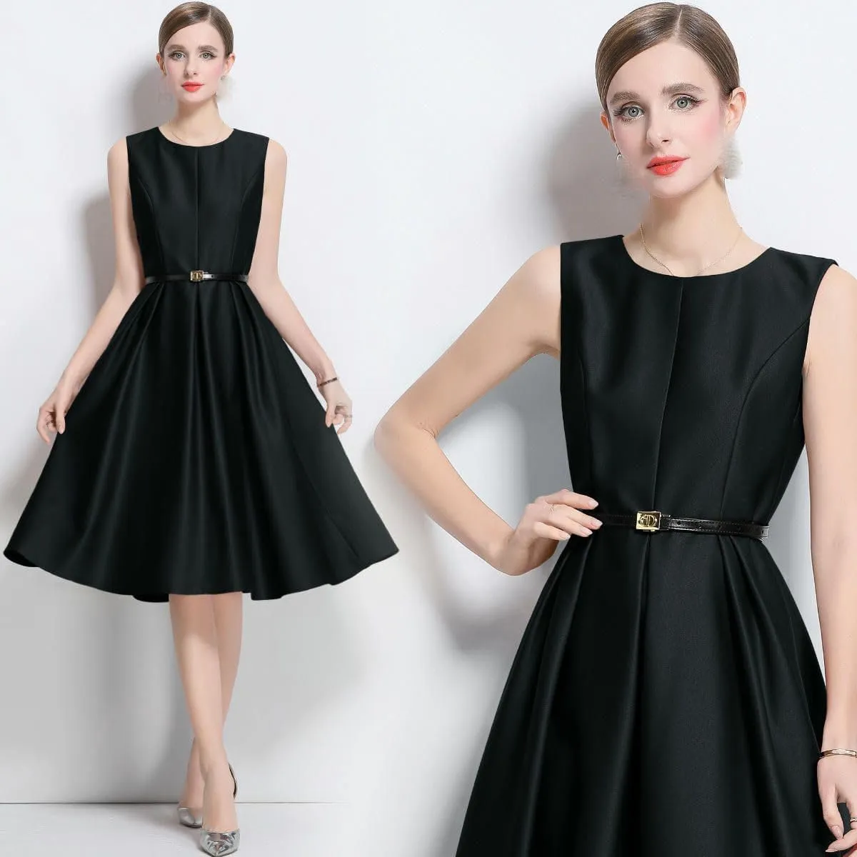 JYHBHMZG Women's Elegant French Round Neck Waist-Cinching Midi Dress