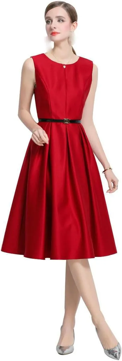 JYHBHMZG Women's Elegant French Round Neck Waist-Cinching Midi Dress