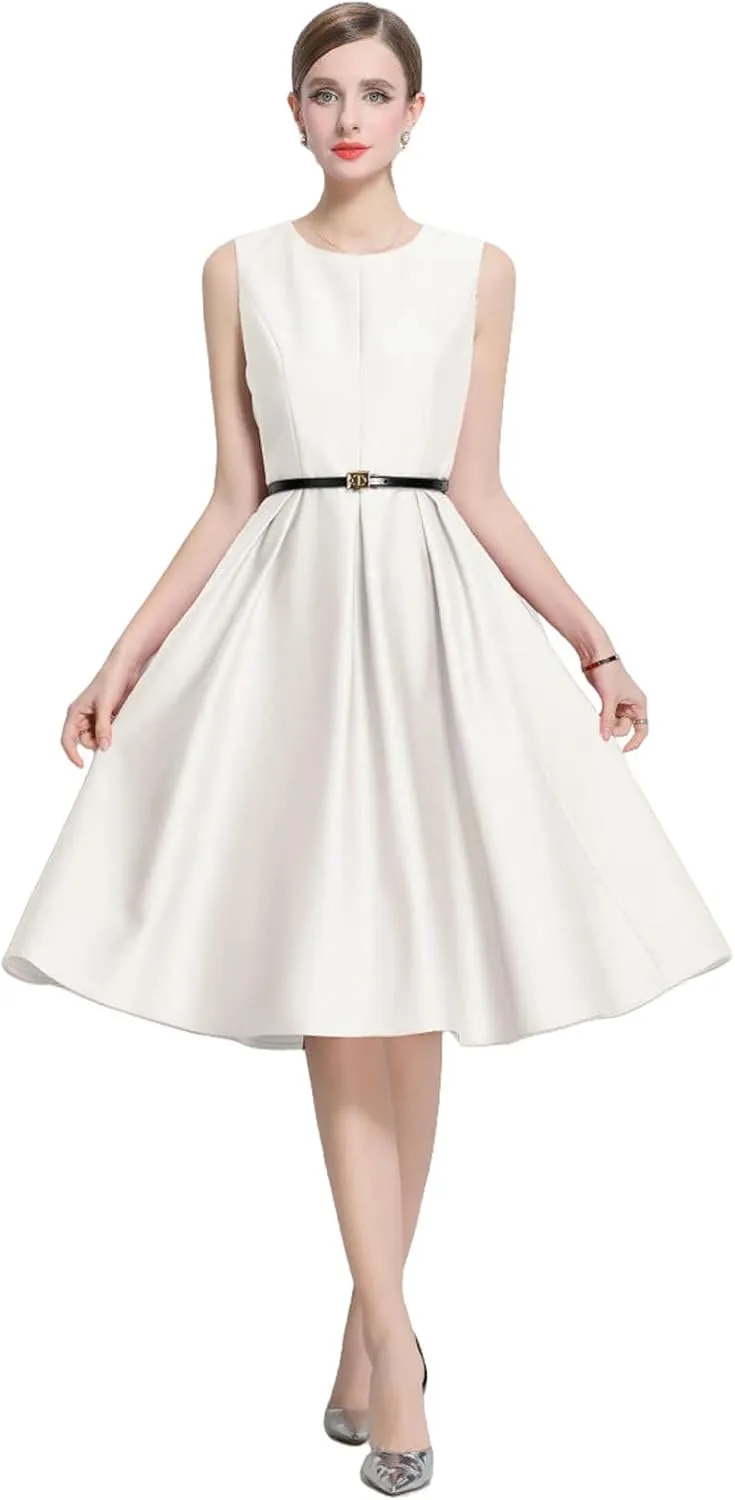 JYHBHMZG Women's Elegant French Round Neck Waist-Cinching Midi Dress