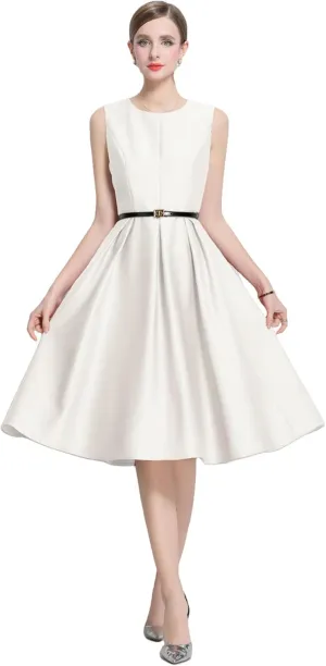 JYHBHMZG Women's Elegant French Round Neck Waist-Cinching Midi Dress
