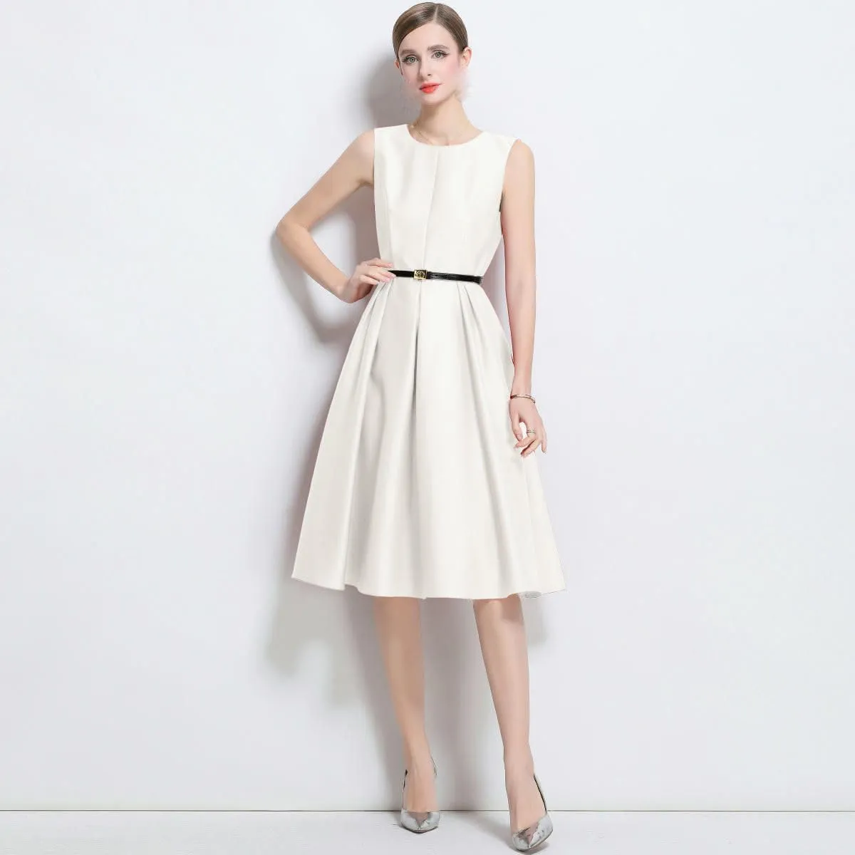 JYHBHMZG Women's Elegant French Round Neck Waist-Cinching Midi Dress