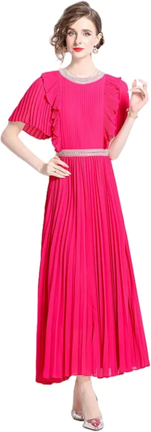 JYHBHMZG Women's Summer French Elegant Pleated Waist-Cinching Flared Chiffon Maxi Dress