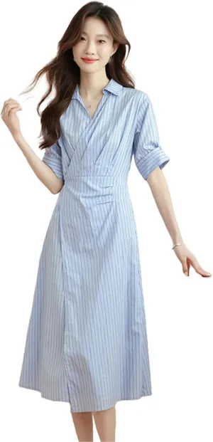 JYHBHMZG Women's Summer French Elegant Preppy Style Striped Shirt Maxi Dress