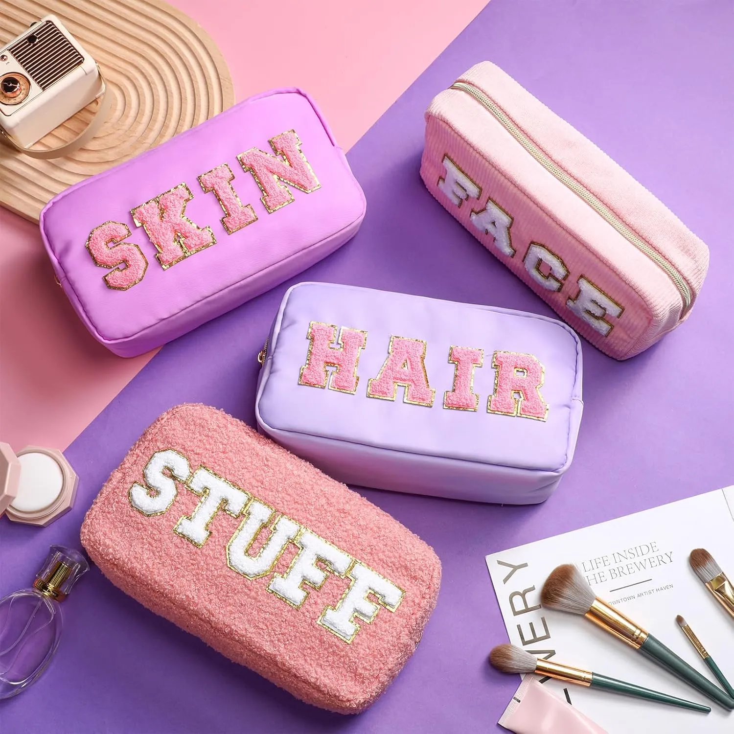 Kajaia 4 Pcs Preppy Makeup Bags Chenille Letter Stuff Bag Cute Cosmetic Pouch Cases for Women Trave Toiletry spend the night(Pink, Purple,Cute)