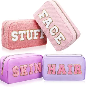 Kajaia 4 Pcs Preppy Makeup Bags Chenille Letter Stuff Bag Cute Cosmetic Pouch Cases for Women Trave Toiletry spend the night(Pink, Purple,Cute)