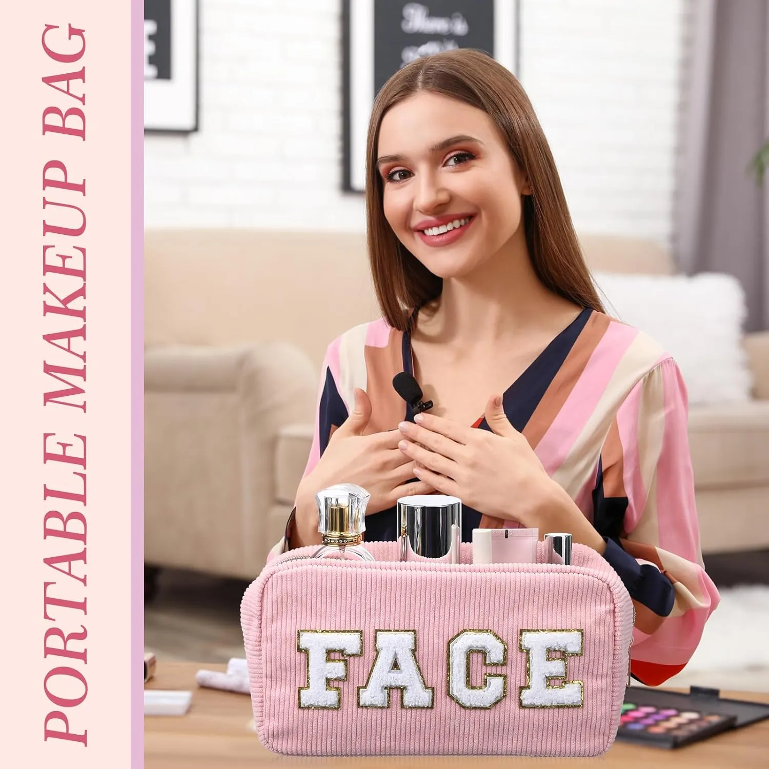 Kajaia 4 Pcs Preppy Makeup Bags Chenille Letter Stuff Bag Cute Cosmetic Pouch Cases for Women Trave Toiletry spend the night(Pink, Purple,Cute)