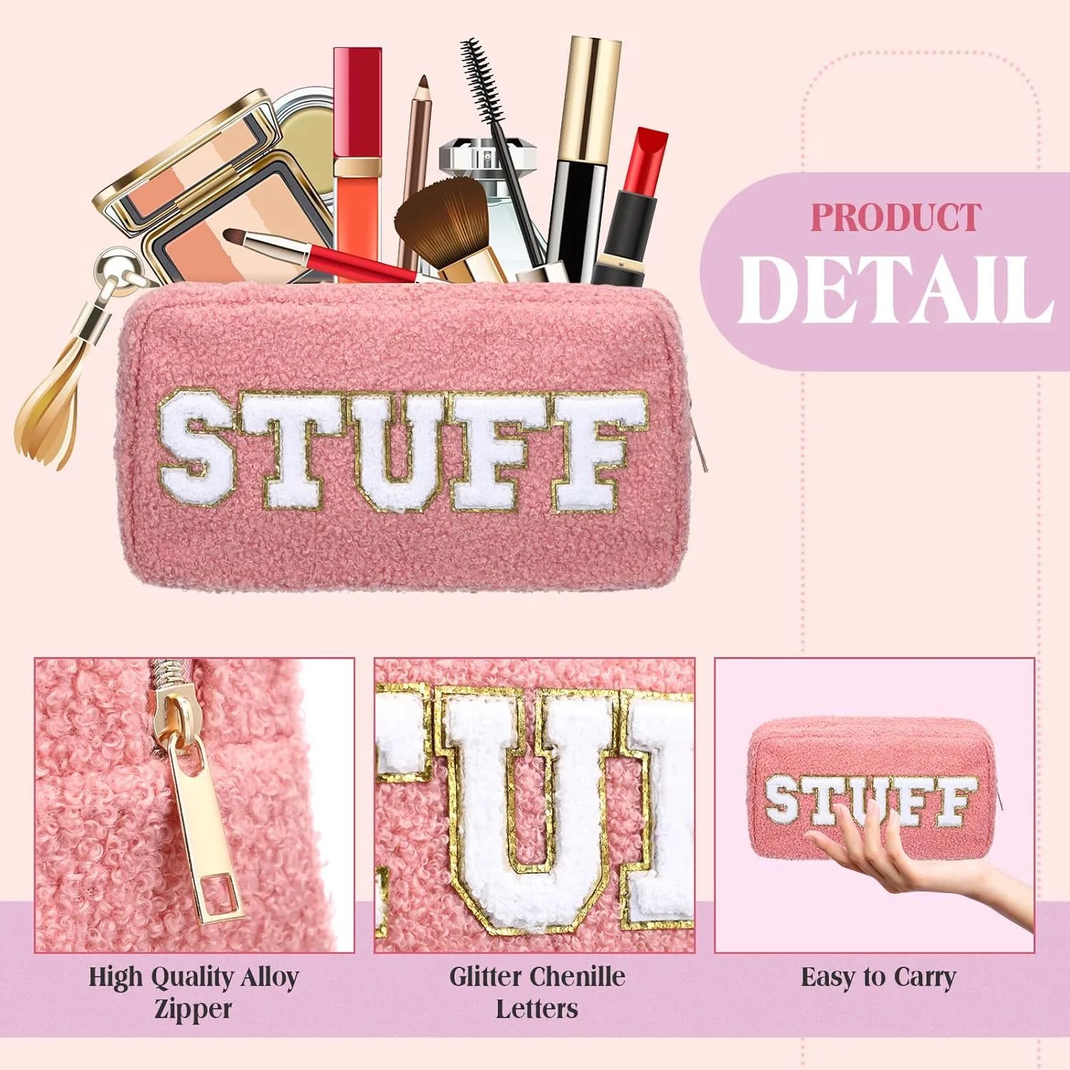 Kajaia 4 Pcs Preppy Makeup Bags Chenille Letter Stuff Bag Cute Cosmetic Pouch Cases for Women Trave Toiletry spend the night(Pink, Purple,Cute)