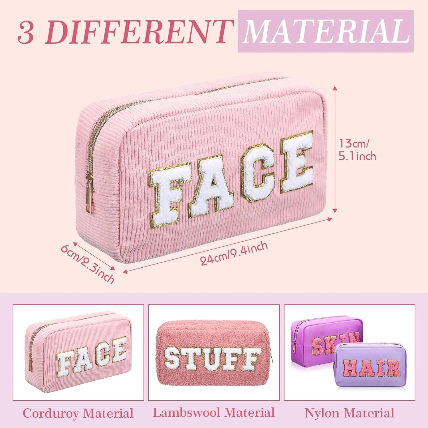 Kajaia 4 Pcs Preppy Makeup Bags Chenille Letter Stuff Bag Cute Cosmetic Pouch Cases for Women Trave Toiletry spend the night(Pink, Purple,Cute)