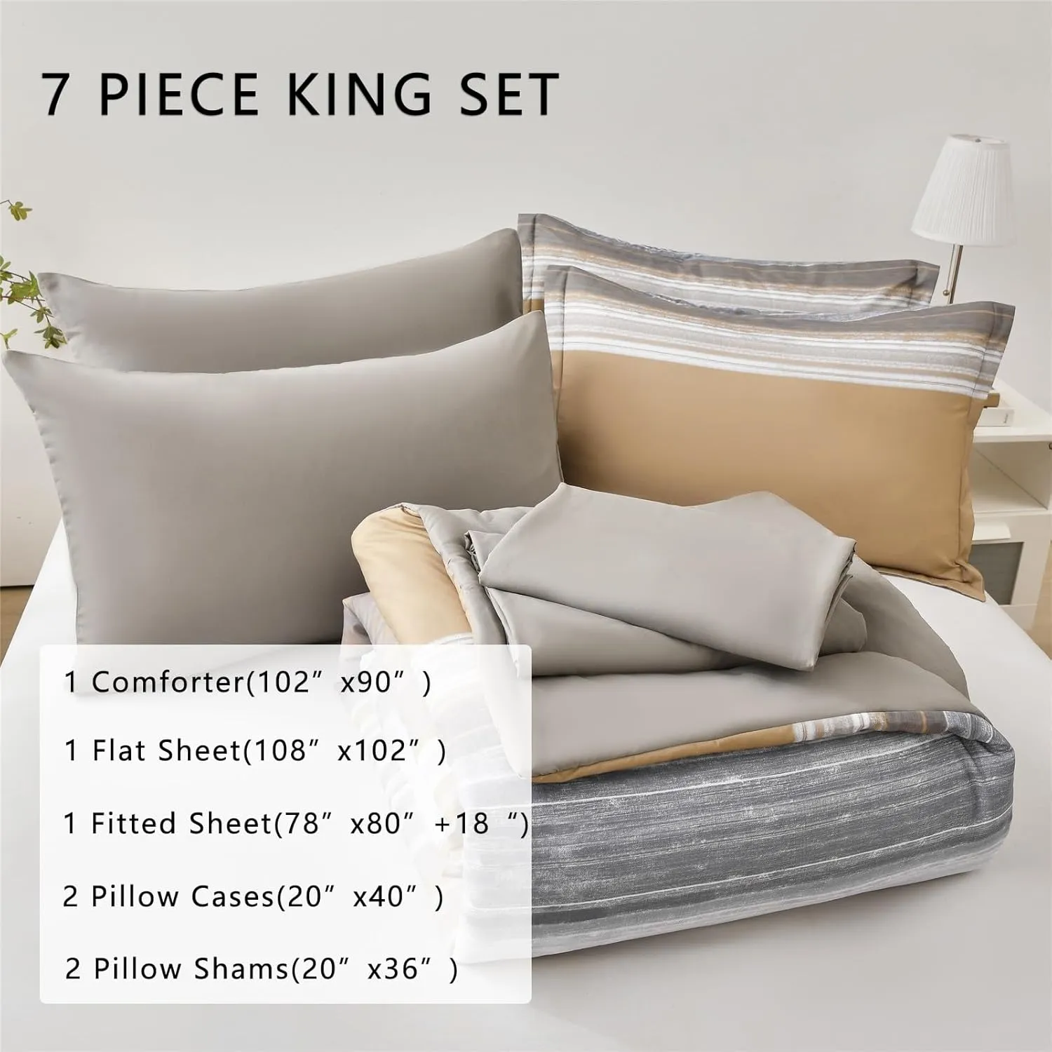 KAKIJUMN 7 Piece Bed in a Bag Stripe Comforter Set King Size, White Grey Khaki Patchwork Striped Comforter and Sheet Set, All Season Soft Microfiber Complete Bedding Set(Khaki,King)