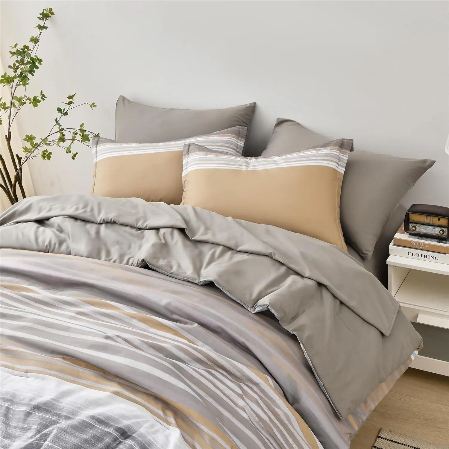 KAKIJUMN 7 Piece Bed in a Bag Stripe Comforter Set King Size, White Grey Khaki Patchwork Striped Comforter and Sheet Set, All Season Soft Microfiber Complete Bedding Set(Khaki,King)
