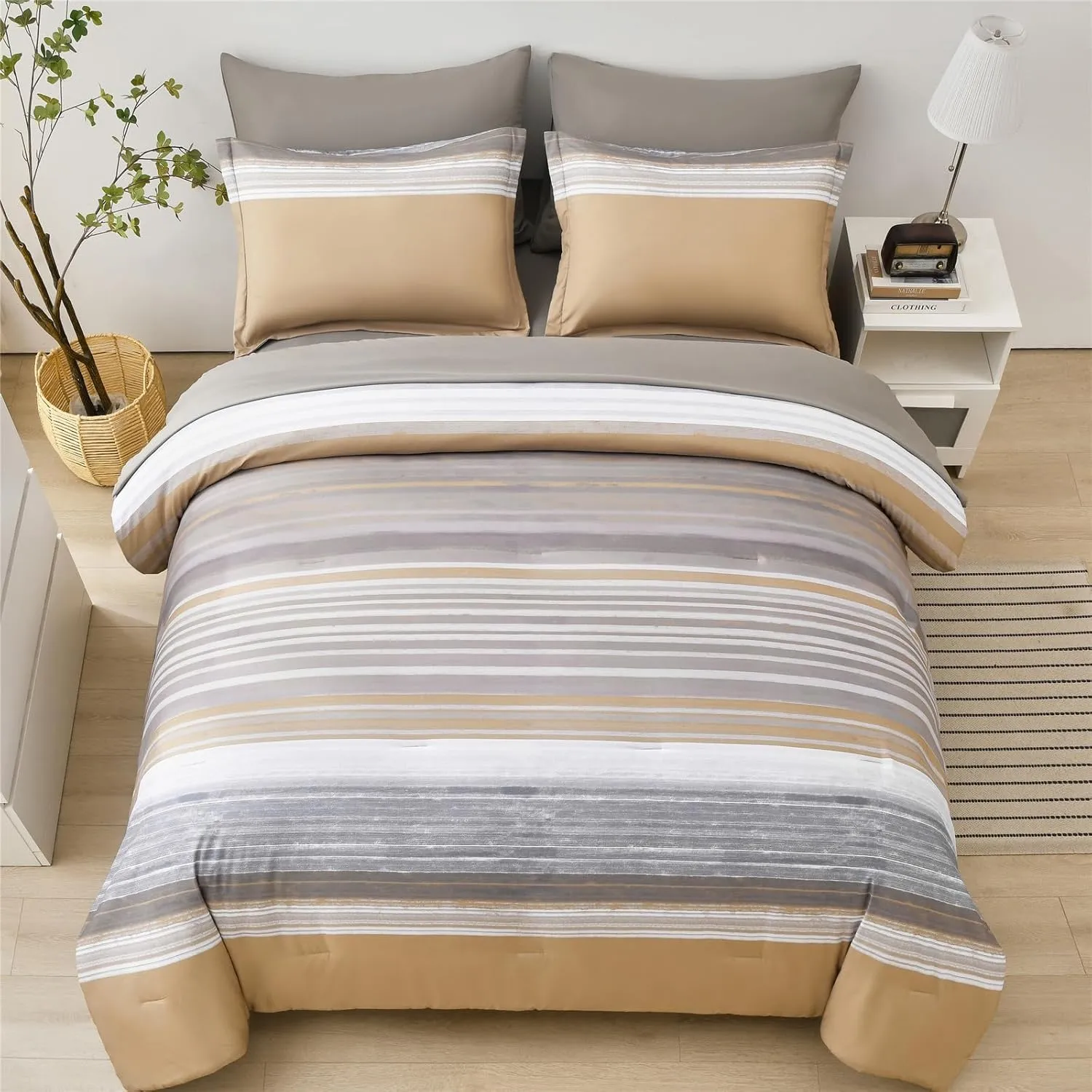 KAKIJUMN 7 Piece Bed in a Bag Stripe Comforter Set King Size, White Grey Khaki Patchwork Striped Comforter and Sheet Set, All Season Soft Microfiber Complete Bedding Set(Khaki,King)