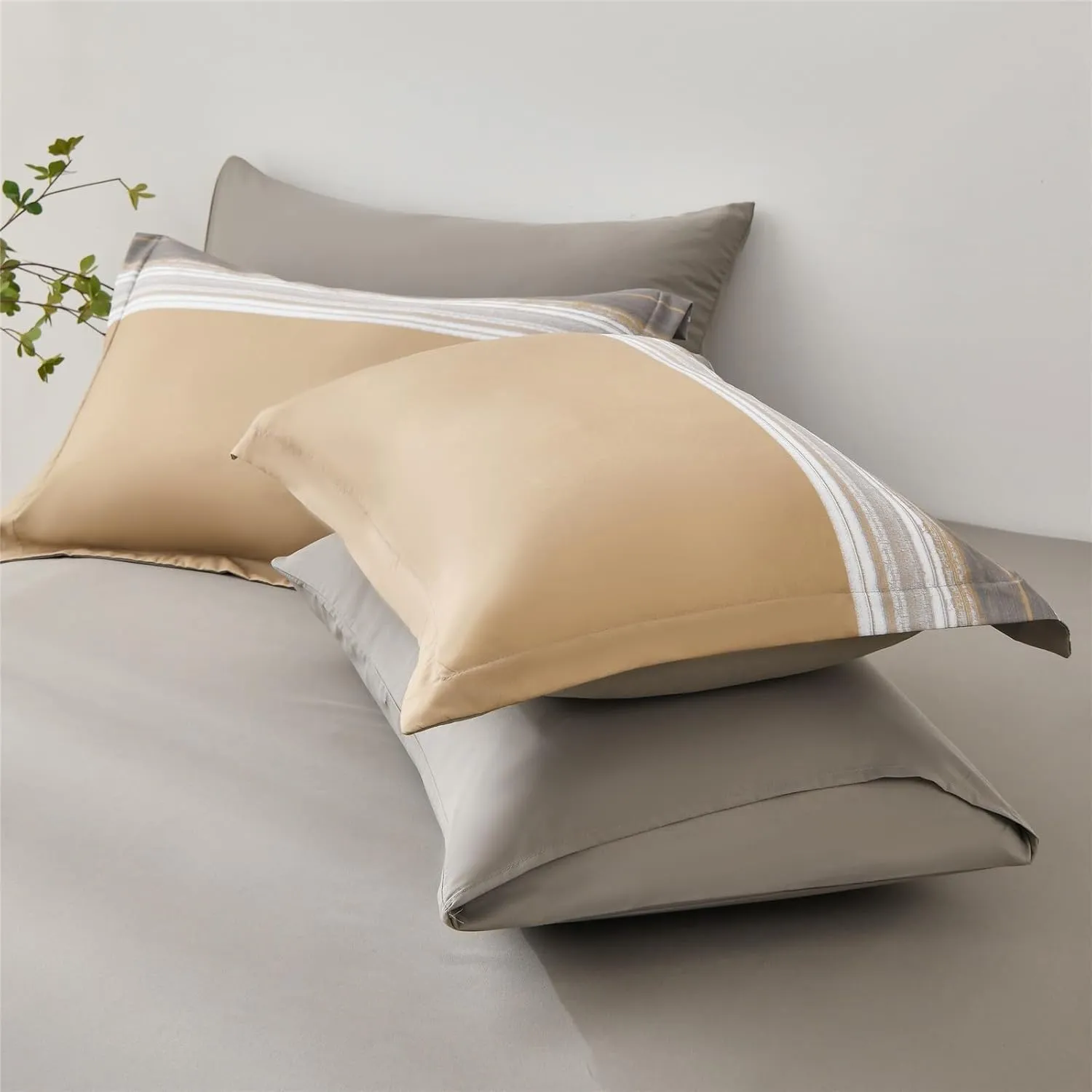 KAKIJUMN 7 Piece Bed in a Bag Stripe Comforter Set King Size, White Grey Khaki Patchwork Striped Comforter and Sheet Set, All Season Soft Microfiber Complete Bedding Set(Khaki,King)