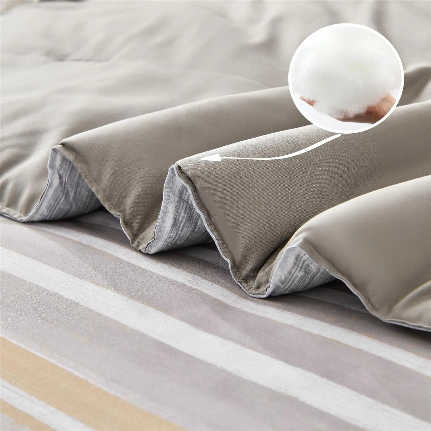KAKIJUMN 7 Piece Bed in a Bag Stripe Comforter Set King Size, White Grey Khaki Patchwork Striped Comforter and Sheet Set, All Season Soft Microfiber Complete Bedding Set(Khaki,King)