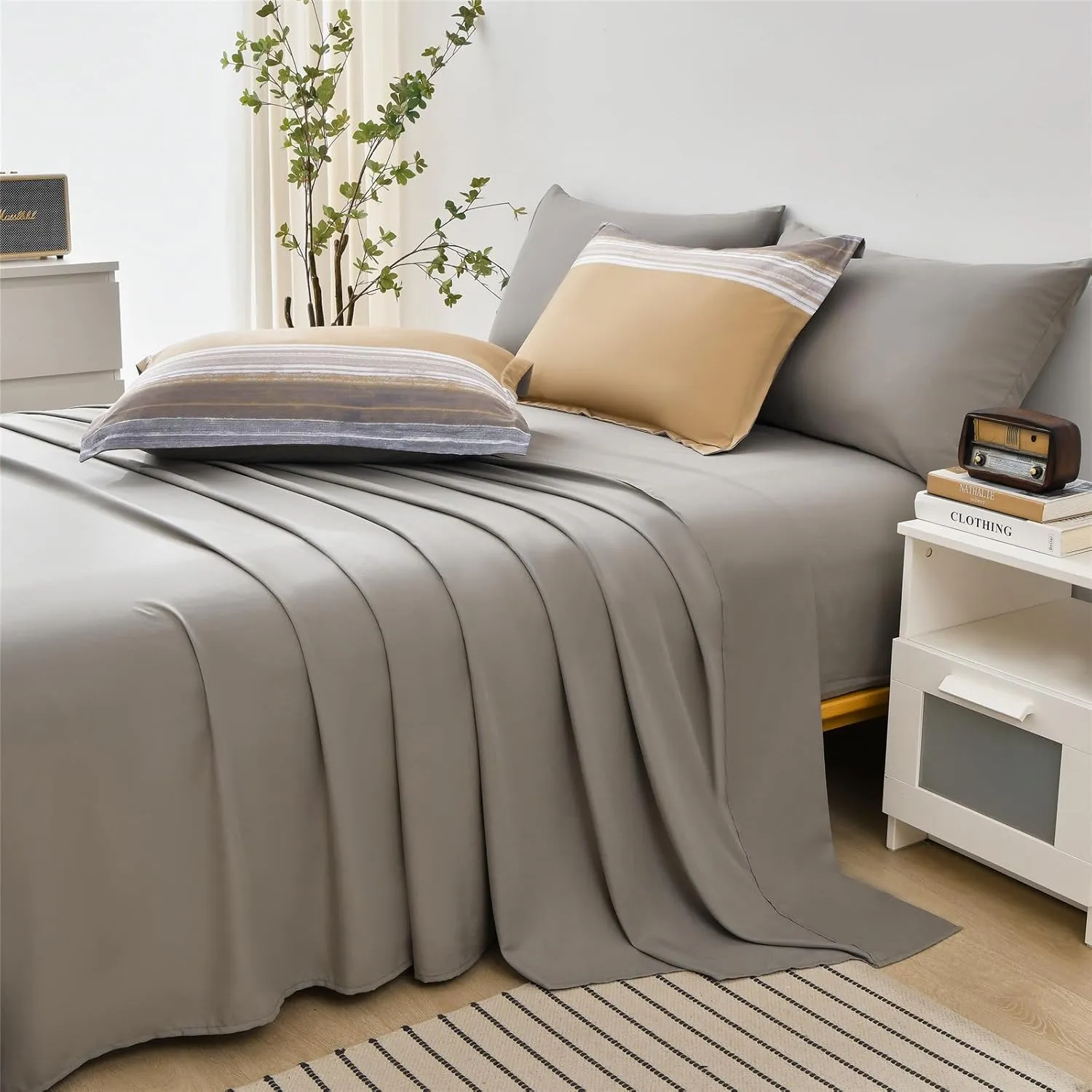 KAKIJUMN 7 Piece Bed in a Bag Stripe Comforter Set King Size, White Grey Khaki Patchwork Striped Comforter and Sheet Set, All Season Soft Microfiber Complete Bedding Set(Khaki,King)