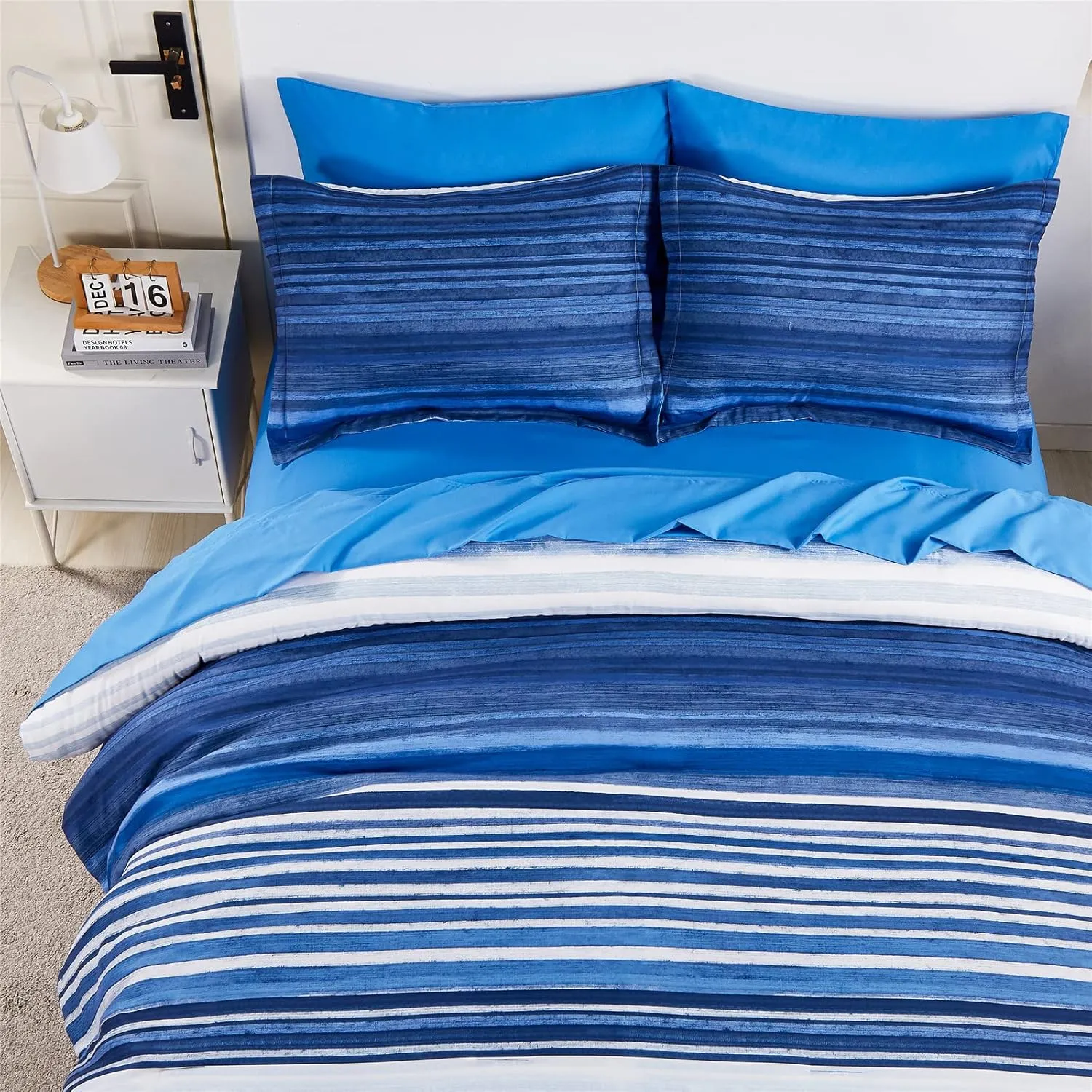 KAKIJUMN 7 Piece Bed in a Bag Stripe Comforter Set Queen Size, White and Blue Patchwork Striped Comforter and Sheet Set, All Season Soft Microfiber Complete Bedding Sets(Blue,Queen)