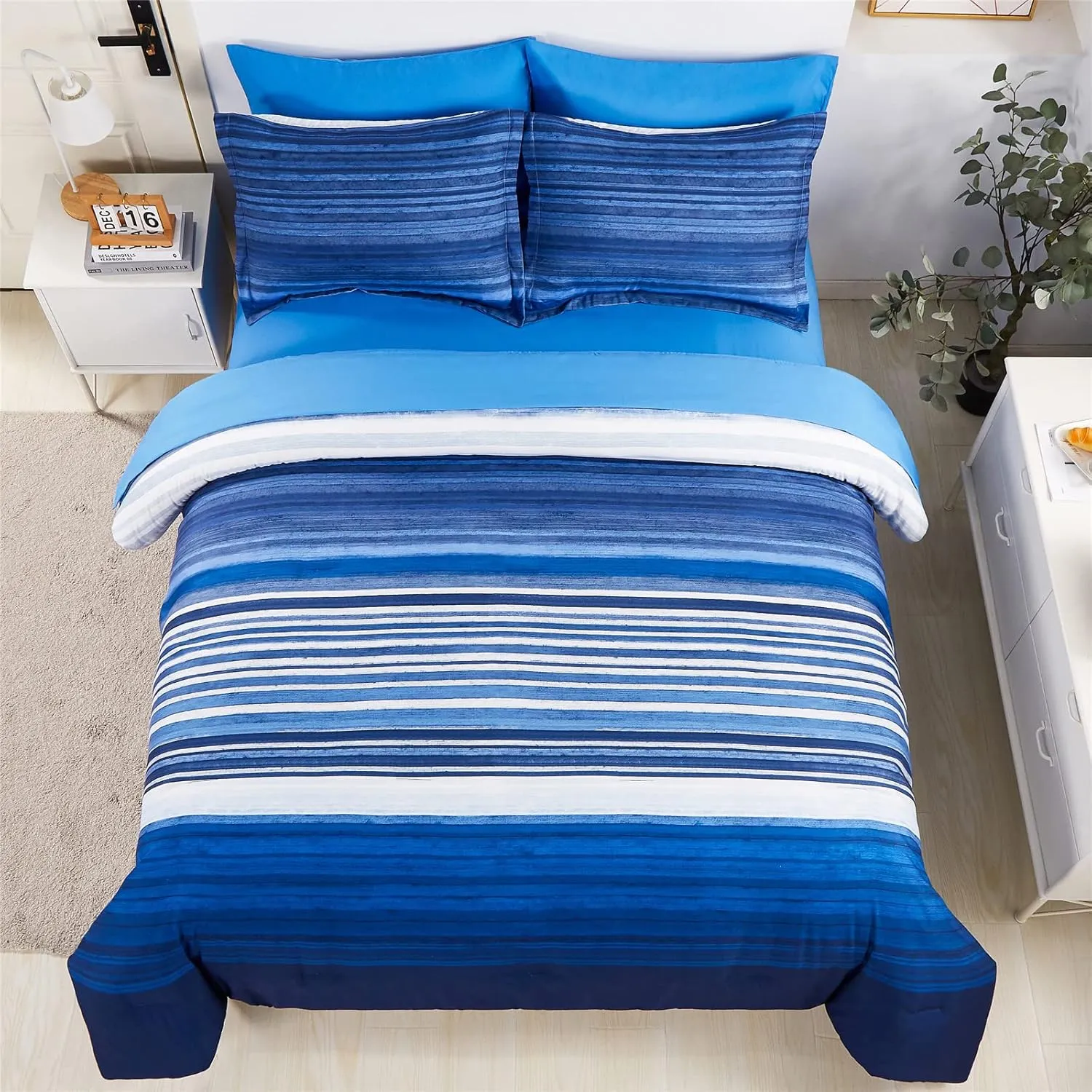 KAKIJUMN 7 Piece Bed in a Bag Stripe Comforter Set Queen Size, White and Blue Patchwork Striped Comforter and Sheet Set, All Season Soft Microfiber Complete Bedding Sets(Blue,Queen)