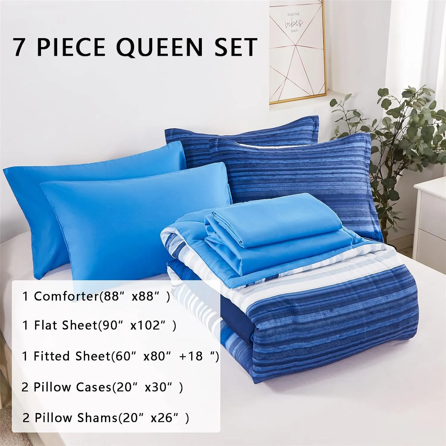 KAKIJUMN 7 Piece Bed in a Bag Stripe Comforter Set Queen Size, White and Blue Patchwork Striped Comforter and Sheet Set, All Season Soft Microfiber Complete Bedding Sets(Blue,Queen)