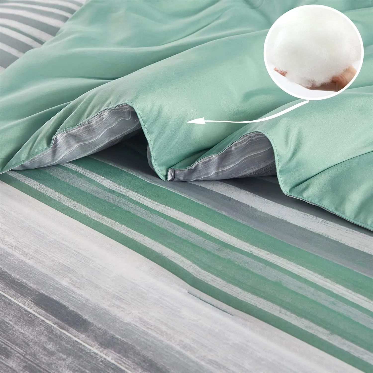 KAKIJUMN 7 Piece Bed in a Bag Stripe Comforter Set Queen Size, White Grey Sage Green Patchwork Striped Comforter and Sheet Set, All Season Soft Microfiber Complete Bedding Sets(Green,Queen)