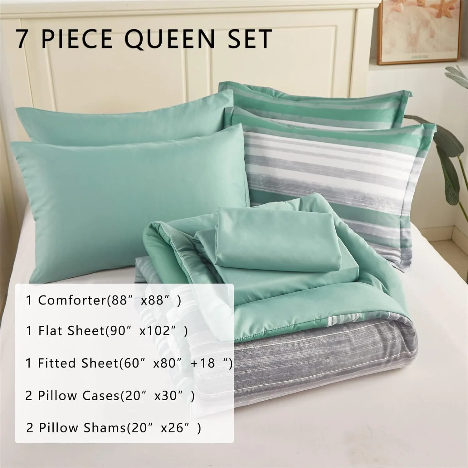 KAKIJUMN 7 Piece Bed in a Bag Stripe Comforter Set Queen Size, White Grey Sage Green Patchwork Striped Comforter and Sheet Set, All Season Soft Microfiber Complete Bedding Sets(Green,Queen)