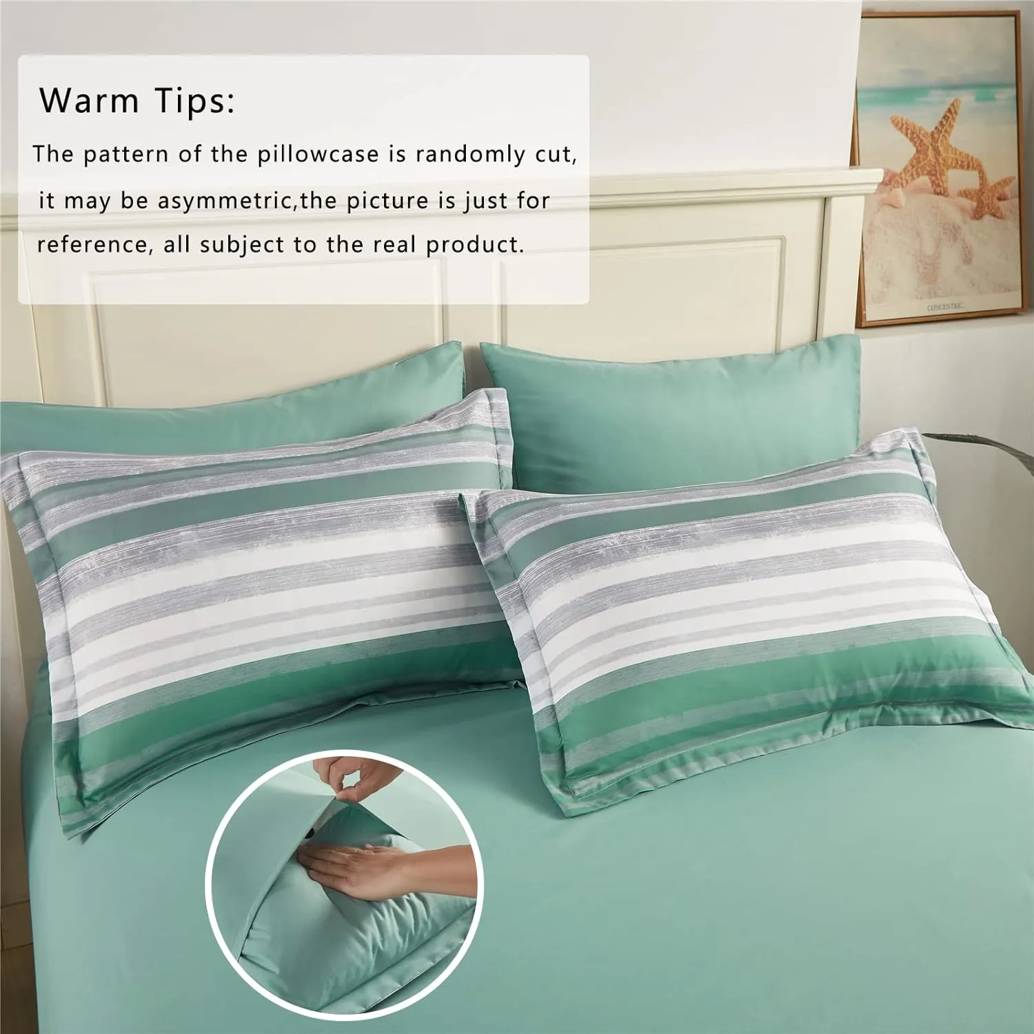 KAKIJUMN 7 Piece Bed in a Bag Stripe Comforter Set Queen Size, White Grey Sage Green Patchwork Striped Comforter and Sheet Set, All Season Soft Microfiber Complete Bedding Sets(Green,Queen)