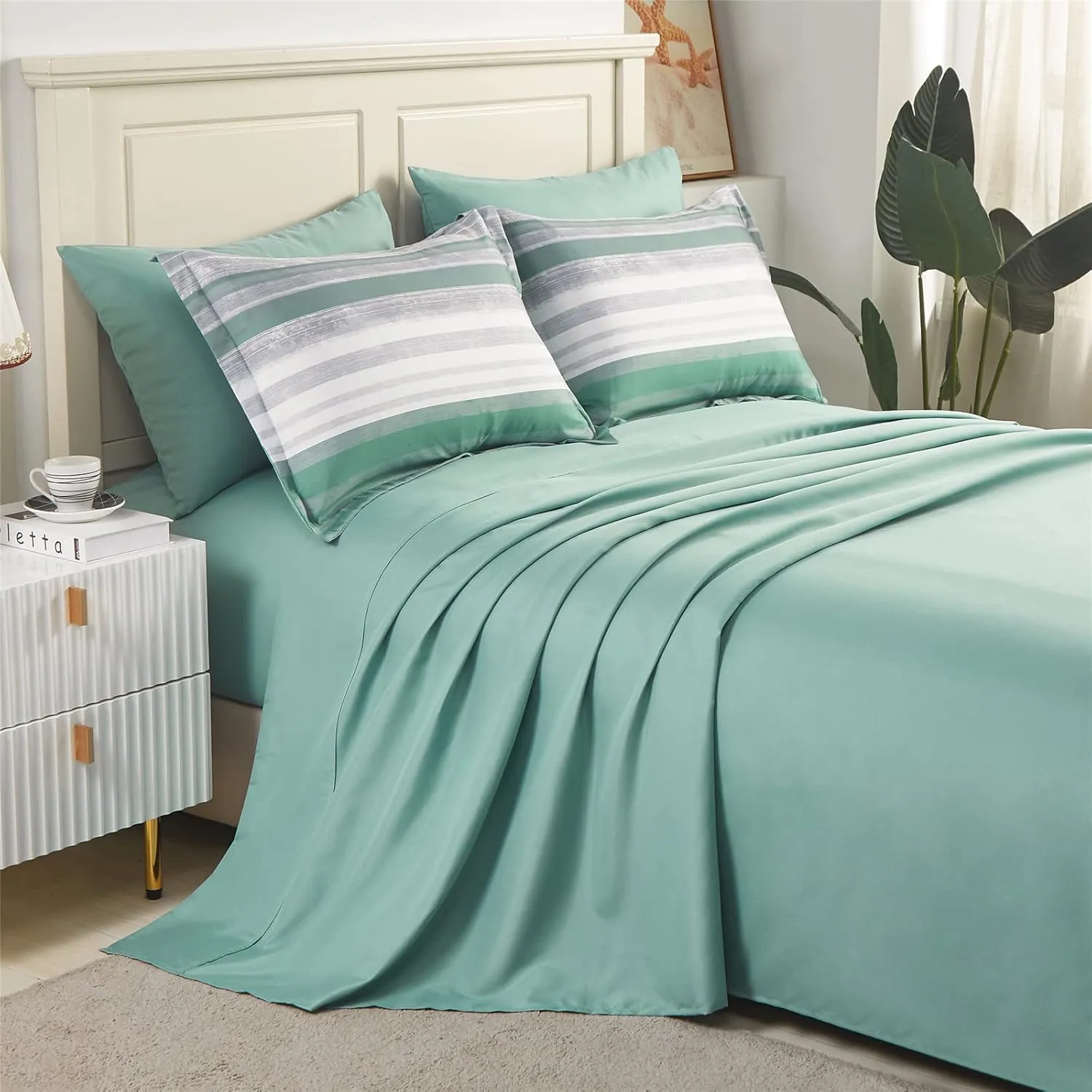 KAKIJUMN 7 Piece Bed in a Bag Stripe Comforter Set Queen Size, White Grey Sage Green Patchwork Striped Comforter and Sheet Set, All Season Soft Microfiber Complete Bedding Sets(Green,Queen)