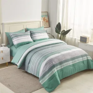 KAKIJUMN 7 Piece Bed in a Bag Stripe Comforter Set Queen Size, White Grey Sage Green Patchwork Striped Comforter and Sheet Set, All Season Soft Microfiber Complete Bedding Sets(Green,Queen)