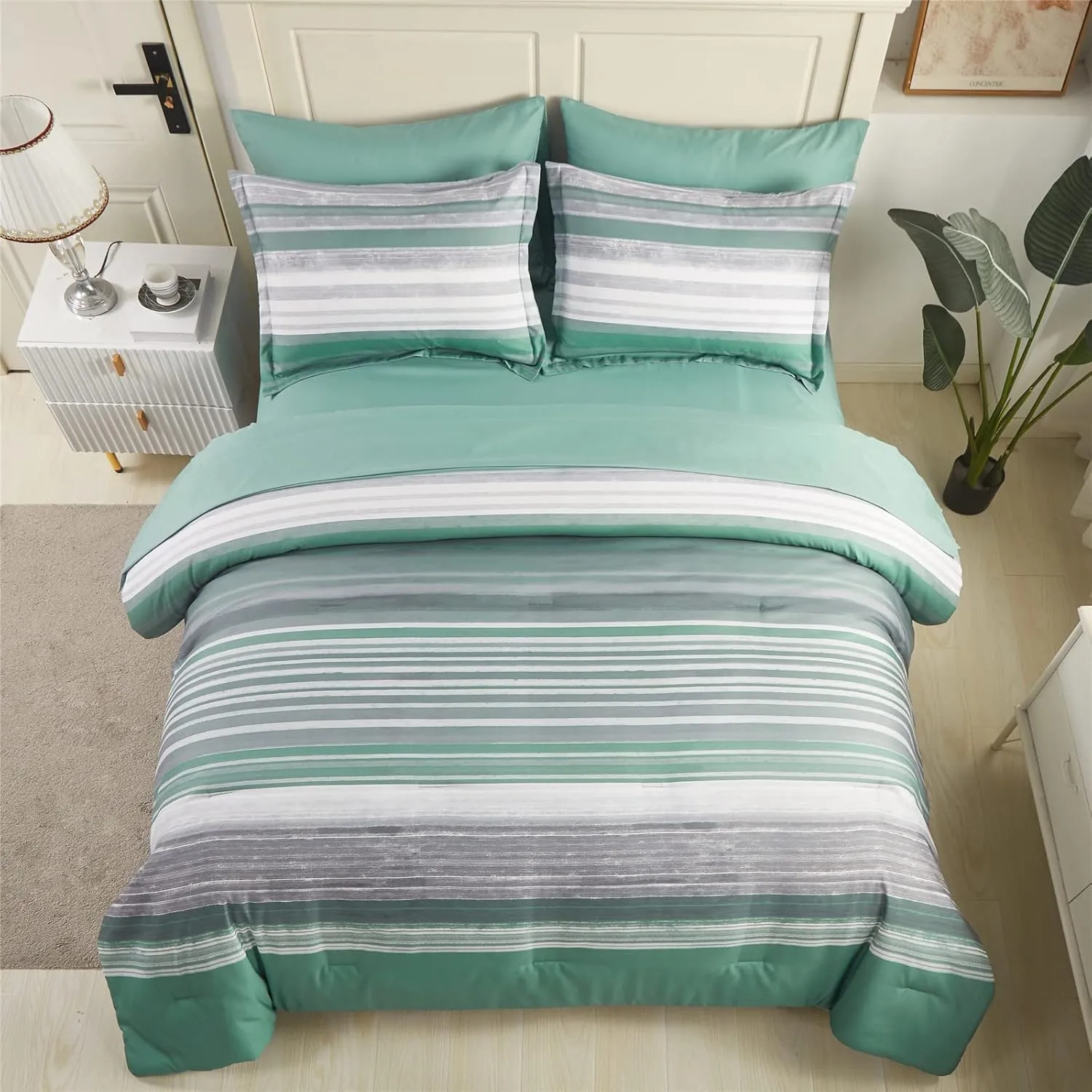 KAKIJUMN 7 Piece Bed in a Bag Stripe Comforter Set Queen Size, White Grey Sage Green Patchwork Striped Comforter and Sheet Set, All Season Soft Microfiber Complete Bedding Sets(Green,Queen)
