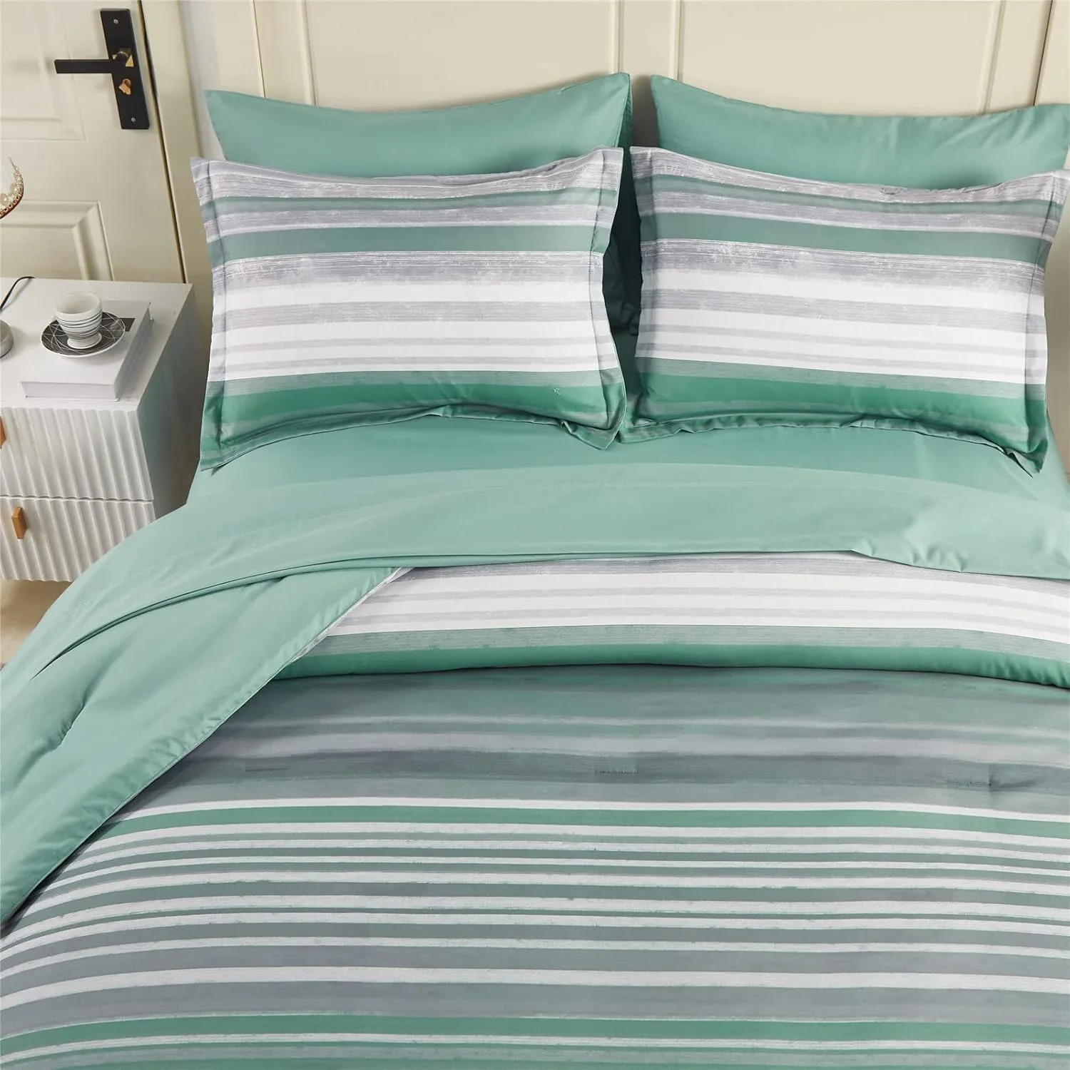 KAKIJUMN 7 Piece Bed in a Bag Stripe Comforter Set Queen Size, White Grey Sage Green Patchwork Striped Comforter and Sheet Set, All Season Soft Microfiber Complete Bedding Sets(Green,Queen)