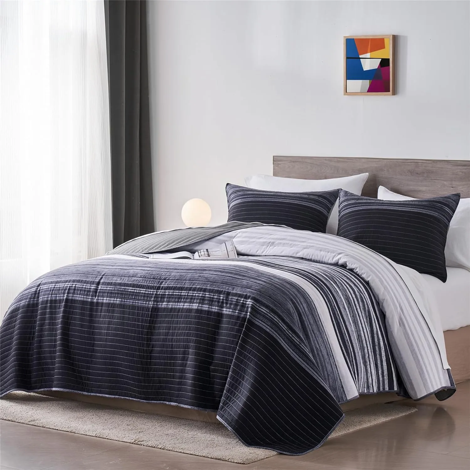 KAKIJUMN Full/Queen Quilt Bedding Set, Black White Grey Patchwork Striped Quilt Set, 2 Pieces Soft Lightweight Bedspread Coverlet Set with 1 Pillow Sham(Grey,Queen)