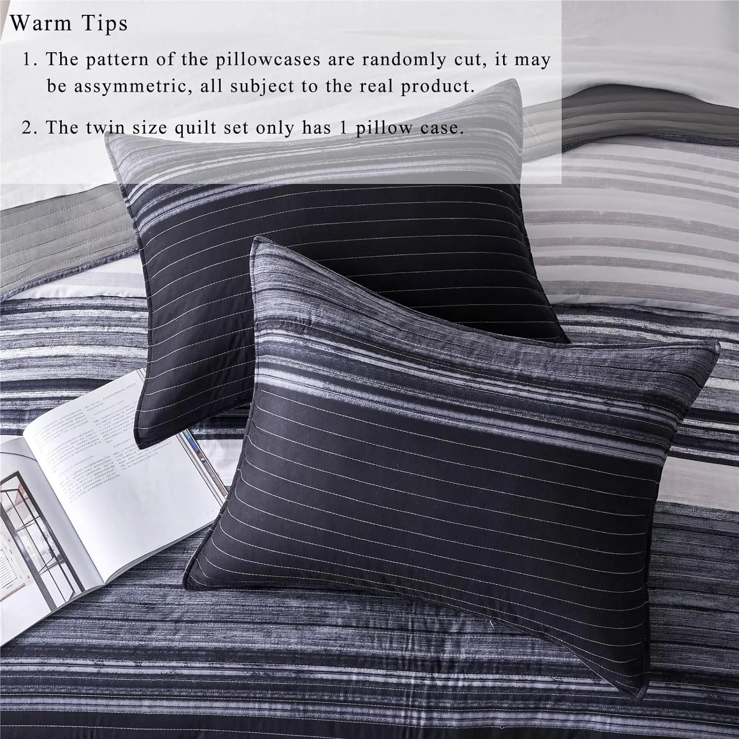KAKIJUMN Full/Queen Quilt Bedding Set, Black White Grey Patchwork Striped Quilt Set, 2 Pieces Soft Lightweight Bedspread Coverlet Set with 1 Pillow Sham(Grey,Queen)